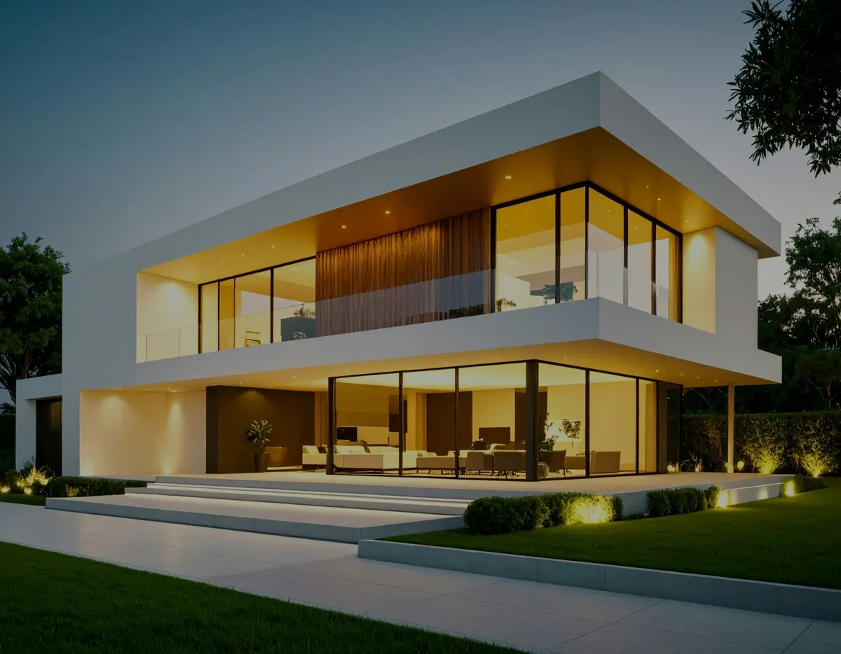 A modern white luxury house with glowing glass walls at dusk
